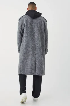 Double Breasted Salt & Pepper Overcoat | BoohooMAN UK