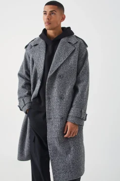 Double Breasted Salt & Pepper Overcoat | BoohooMAN UK