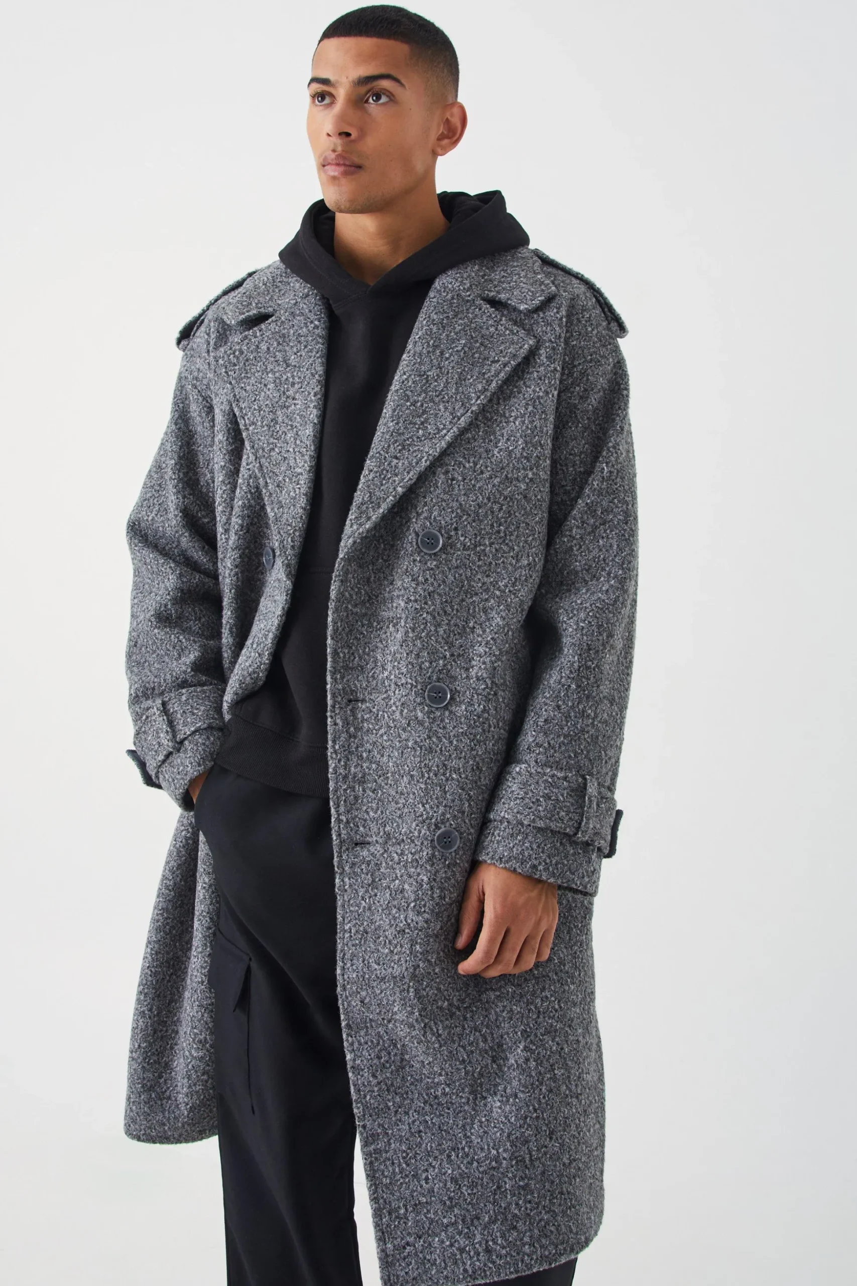 Double Breasted Salt & Pepper Overcoat | BoohooMAN UK