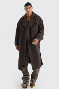 Double Breasted Trench Overcoat In Chocolate | BoohooMAN UK