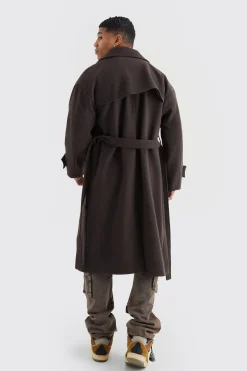 Double Breasted Trench Overcoat In Chocolate | BoohooMAN UK