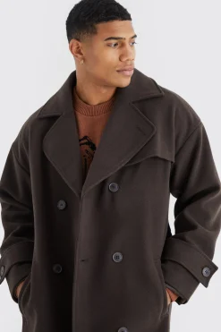 Double Breasted Trench Overcoat In Chocolate | BoohooMAN UK