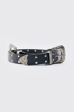 Double Buckle Studded Belt In Black | BoohooMAN UK
