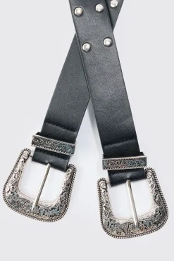Double Buckle Studded Belt In Black | BoohooMAN UK