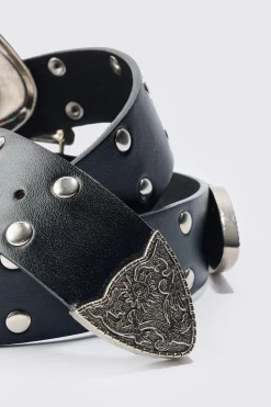 Double Buckle Studded Belt In Black | BoohooMAN UK