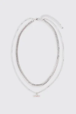 Double Chain T Bar Necklace In Silver | BoohooMAN UK