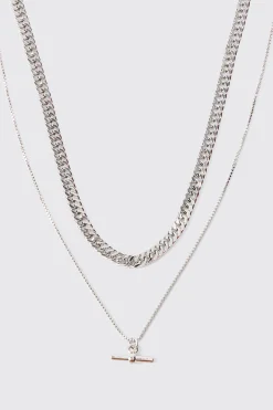 Double Chain T Bar Necklace In Silver | BoohooMAN UK