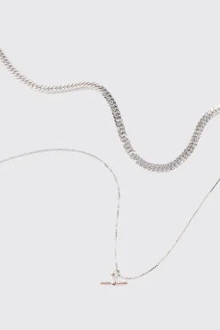 Double Chain T Bar Necklace In Silver | BoohooMAN UK