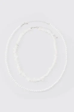 Double Layer Beaded Necklace In White | BoohooMAN UK