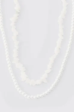 Double Layer Beaded Necklace In White | BoohooMAN UK