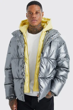 Double Layer Metallic Puffer With Hood | BoohooMAN UK