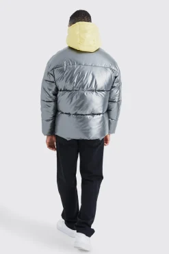 Double Layer Metallic Puffer With Hood | BoohooMAN UK