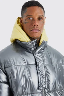 Double Layer Metallic Puffer With Hood | BoohooMAN UK