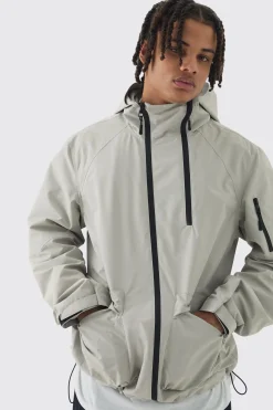 Double Zip Hooded Windbreaker In Stone | BoohooMAN UK