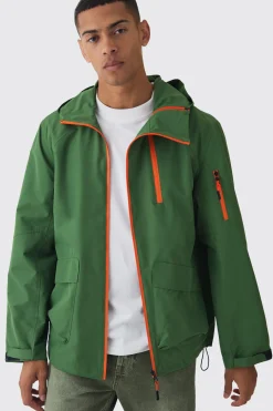 Double Zip Hooded Windbreaker In Khaki | BoohooMAN UK