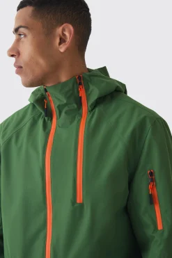 Double Zip Hooded Windbreaker In Khaki | BoohooMAN UK