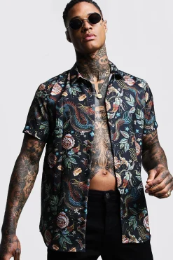 Dragon Print Short Sleeve Shirt | BoohooMAN UK
