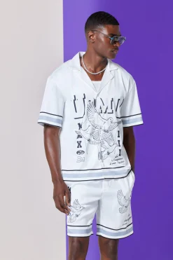 Drop Revere Satin Bird Graphic Shirt And Short Set In White | BoohooMAN UK