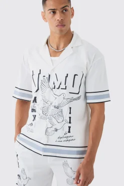 Drop Revere Satin Bird Graphic Shirt And Short Set In White | BoohooMAN UK