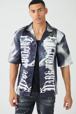 Drop Revere Short Sleeve Satin Graphic Shirt | BoohooMAN UK