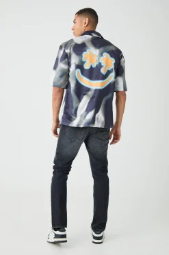 Drop Revere Short Sleeve Satin Graphic Shirt | BoohooMAN UK