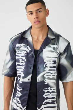 Drop Revere Short Sleeve Satin Graphic Shirt | BoohooMAN UK