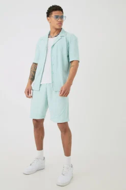 Drop Revere Towelling Embroidered Shirt And Short Set | BoohooMAN UK