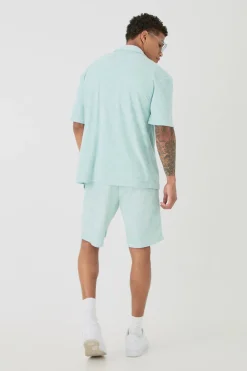 Drop Revere Towelling Embroidered Shirt And Short Set | BoohooMAN UK