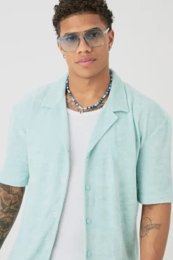 Drop Revere Towelling Embroidered Shirt And Short Set | BoohooMAN UK