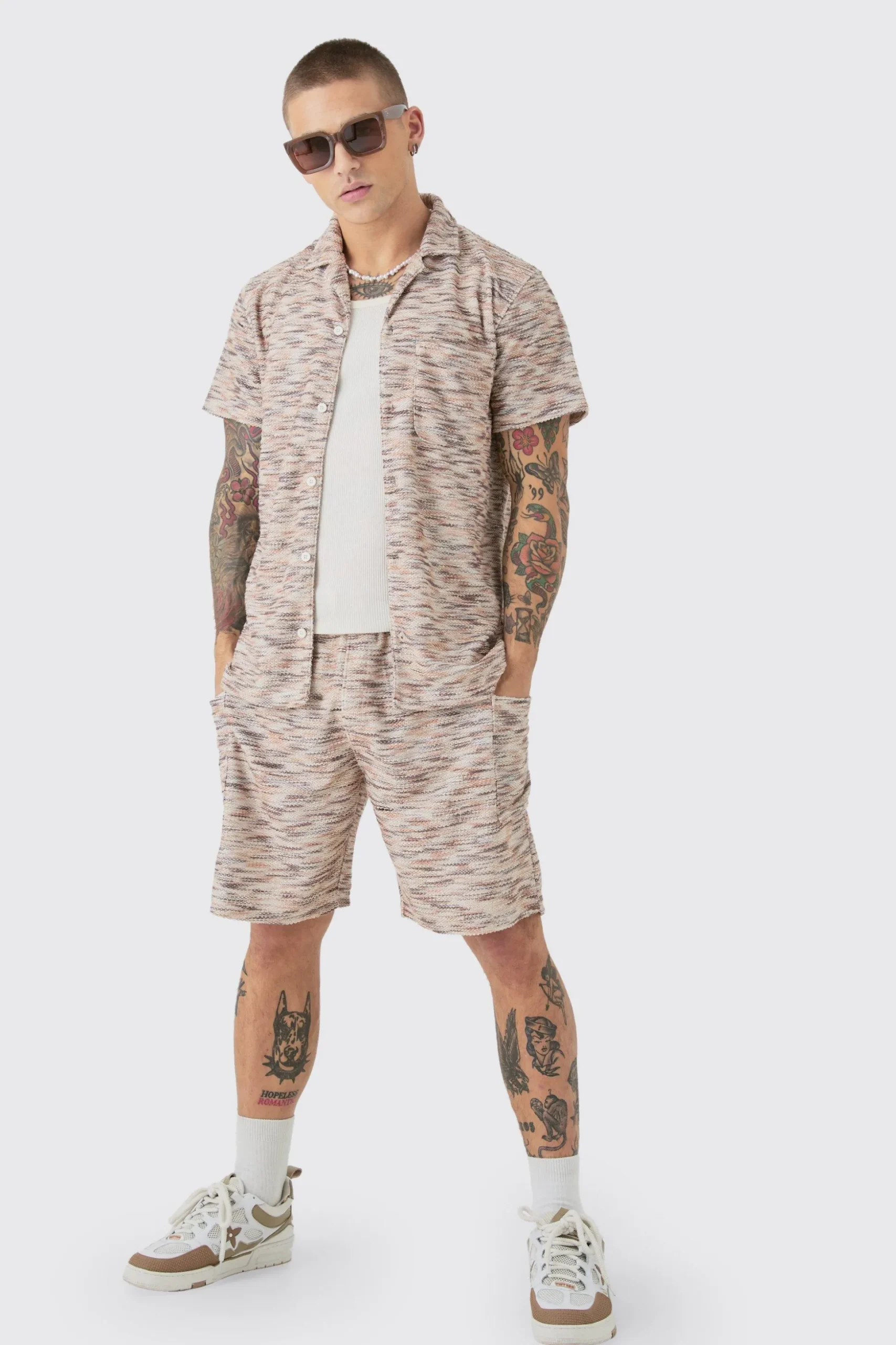 Drop Shoulder Slub Boucle Shirt & Short Set | BoohooMAN UK