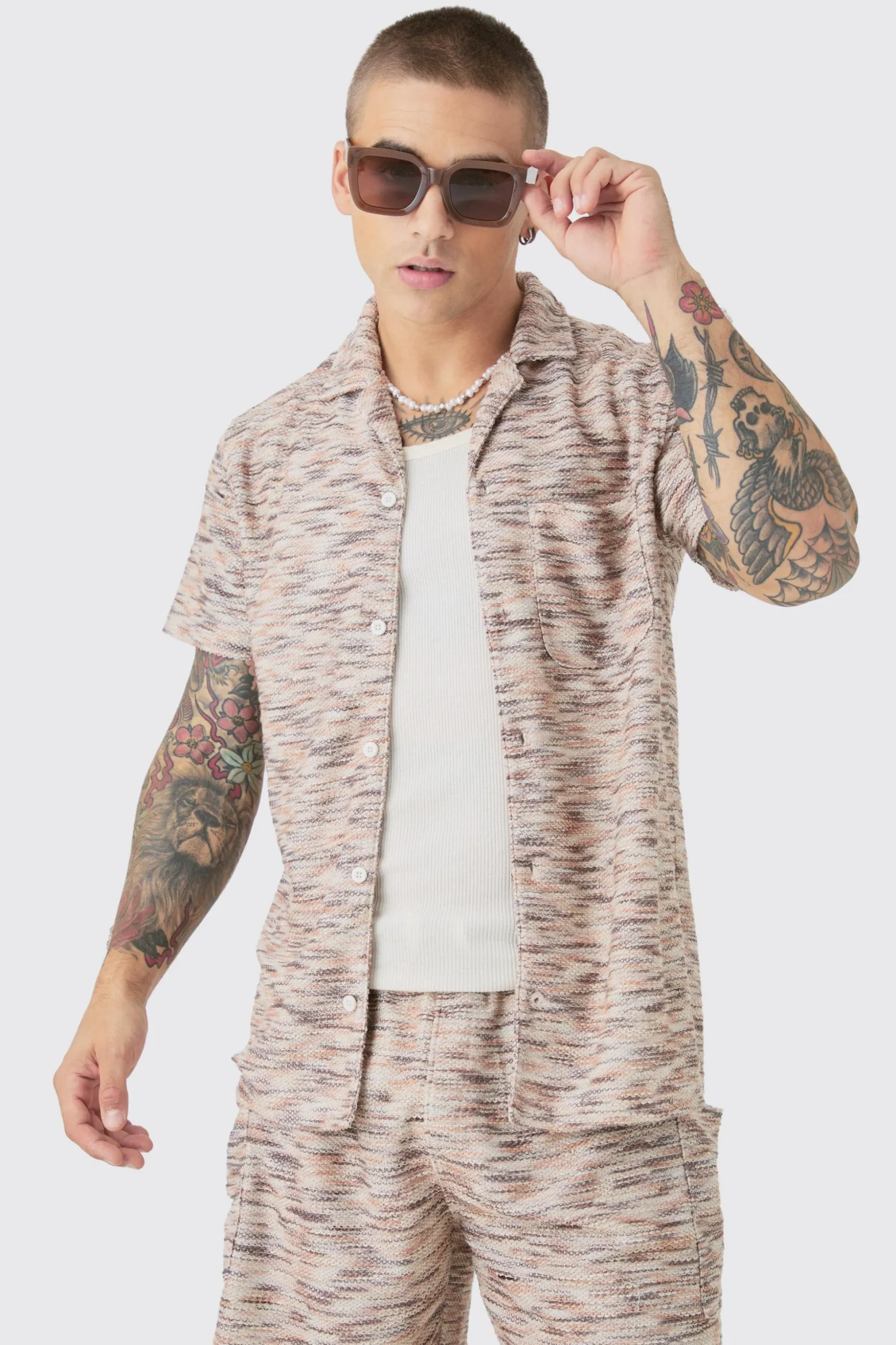 Drop Shoulder Slub Boucle Shirt & Short Set | BoohooMAN UK