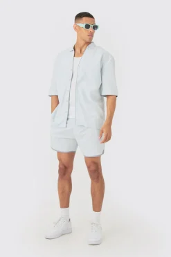 Dropped Revere Linen Piped Shirt & Smart Short Set | BoohooMAN UK