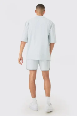 Dropped Revere Linen Piped Shirt & Smart Short Set | BoohooMAN UK