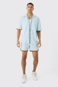 Dropped Revere Linen Piped Shirt & Smart Short Set | BoohooMAN UK