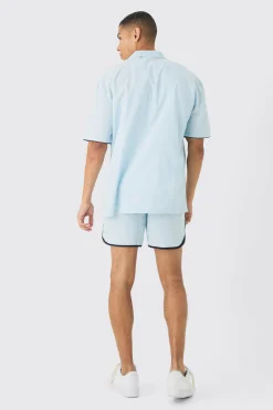 Dropped Revere Linen Piped Shirt & Smart Short Set | BoohooMAN UK
