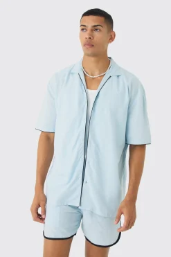 Dropped Revere Linen Piped Shirt & Smart Short Set | BoohooMAN UK