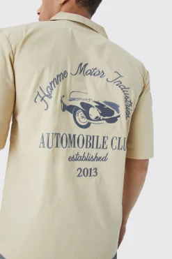 Dropped Revere Poplin Automobile Club Shirt | BoohooMAN UK