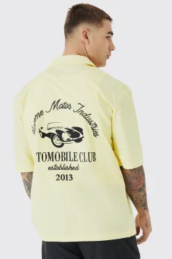 Dropped Revere Poplin Automobile Club Shirt | BoohooMAN UK