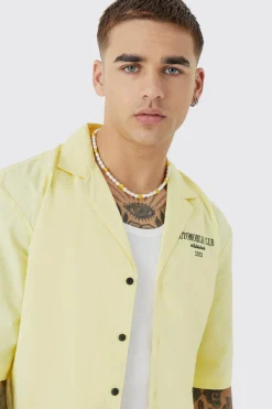 Dropped Revere Poplin Automobile Club Shirt | BoohooMAN UK