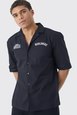 Dropped Revere Poplin Worldwide Club Shirt | BoohooMAN UK