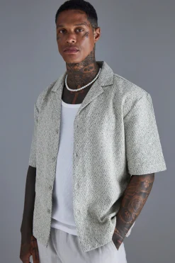 Dropped Revere Textured Herringbone Shirt | BoohooMAN UK