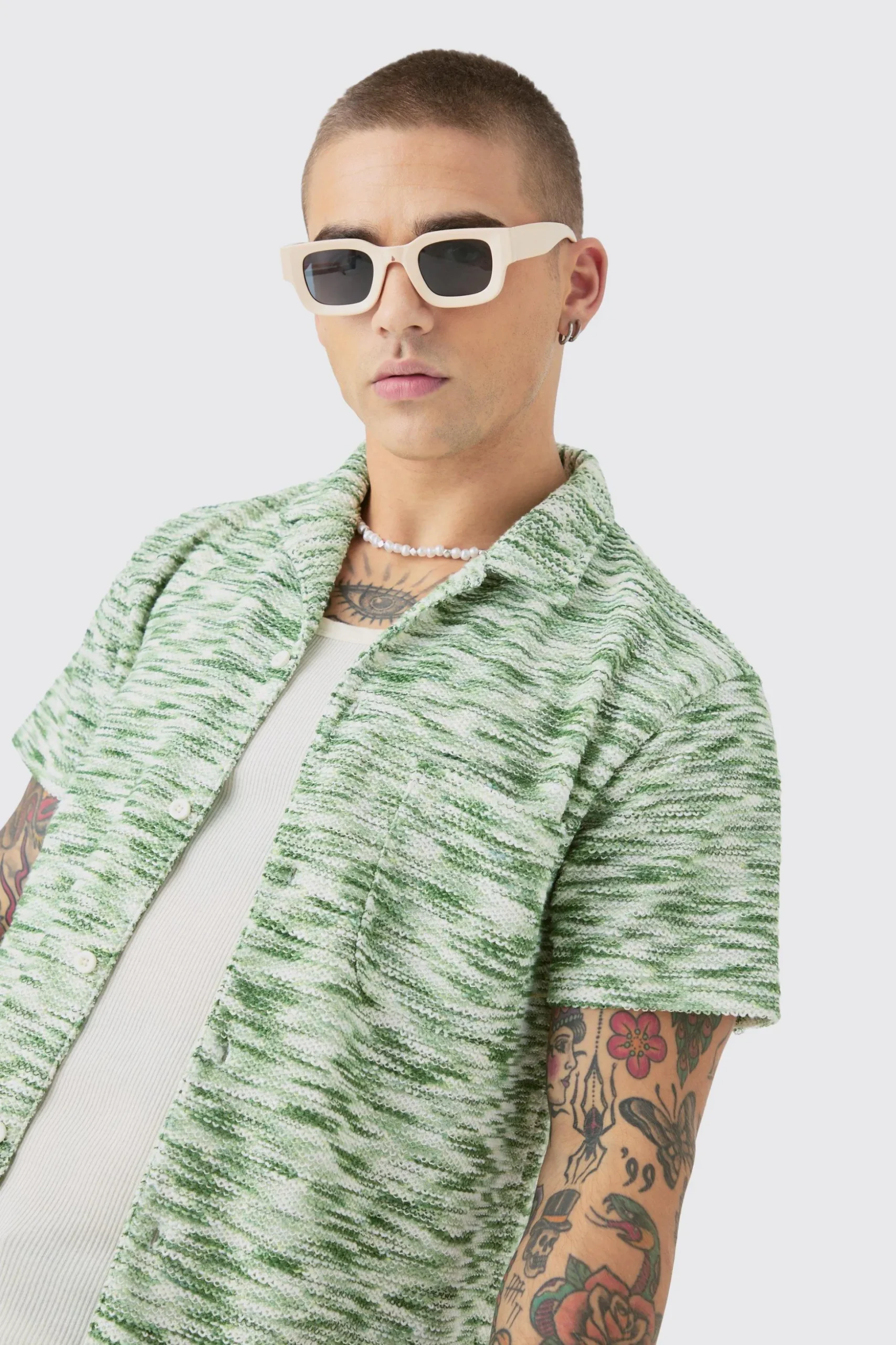 Dropped Soulder Boucle Slub Revere Shirt | BoohooMAN UK
