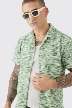 Dropped Soulder Boucle Slub Revere Shirt | BoohooMAN UK