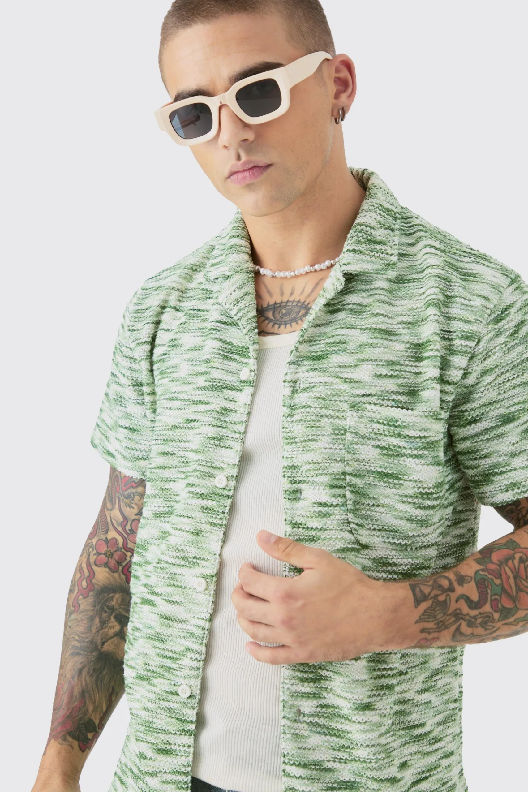 Dropped Soulder Boucle Slub Revere Shirt | BoohooMAN UK