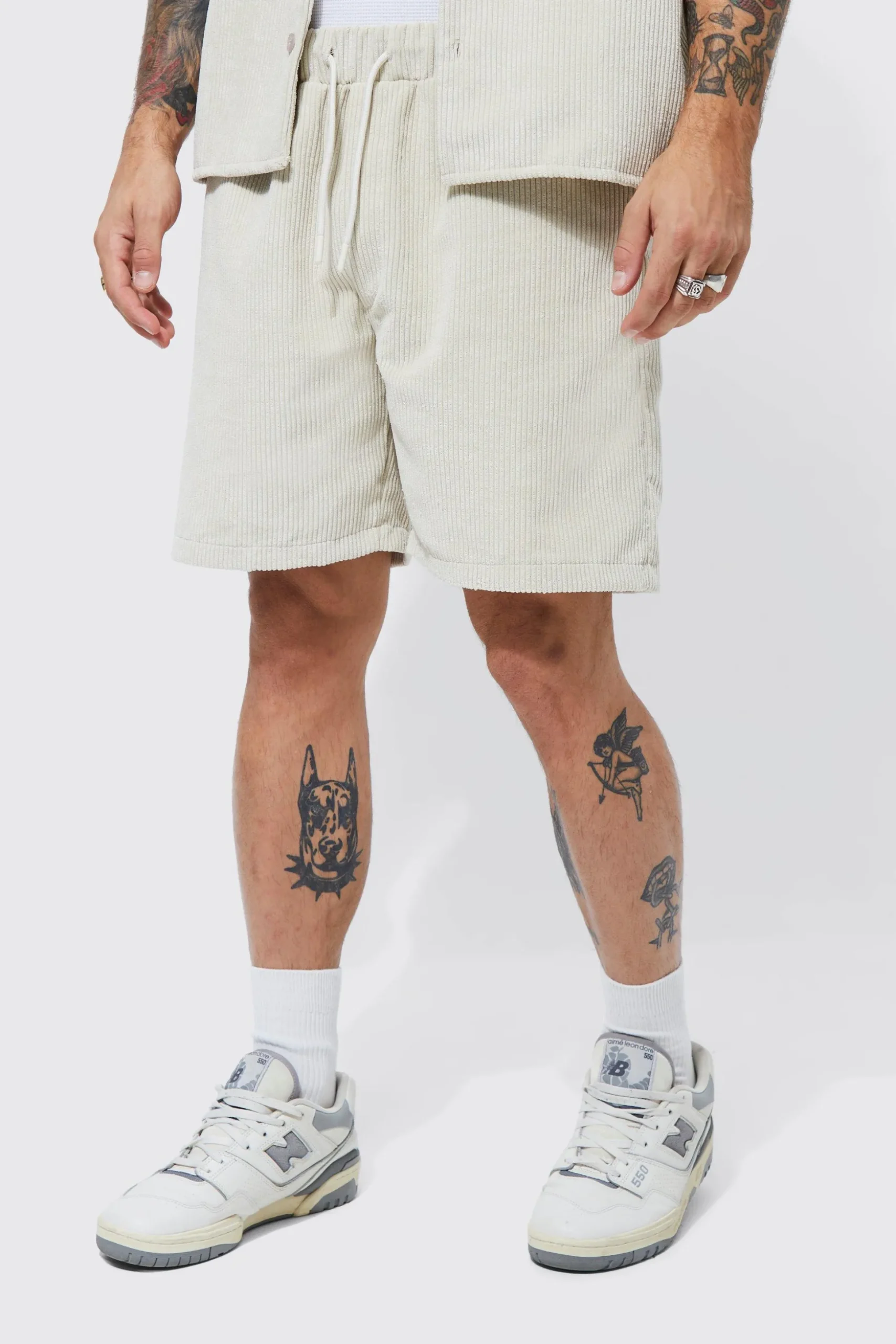 Ecru Cord Shirt And Shorts Set | BoohooMAN UK