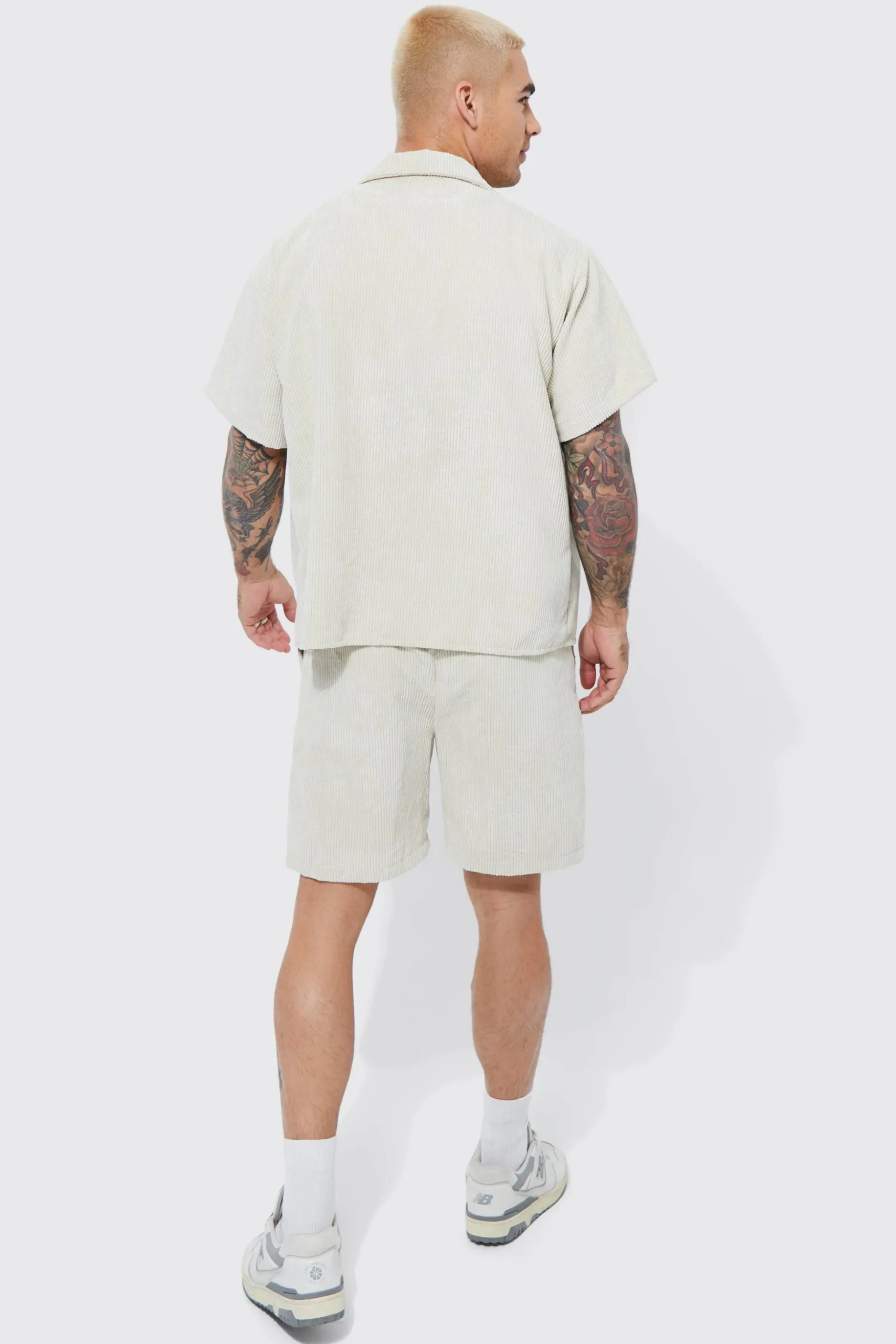 Ecru Cord Shirt And Shorts Set | BoohooMAN UK