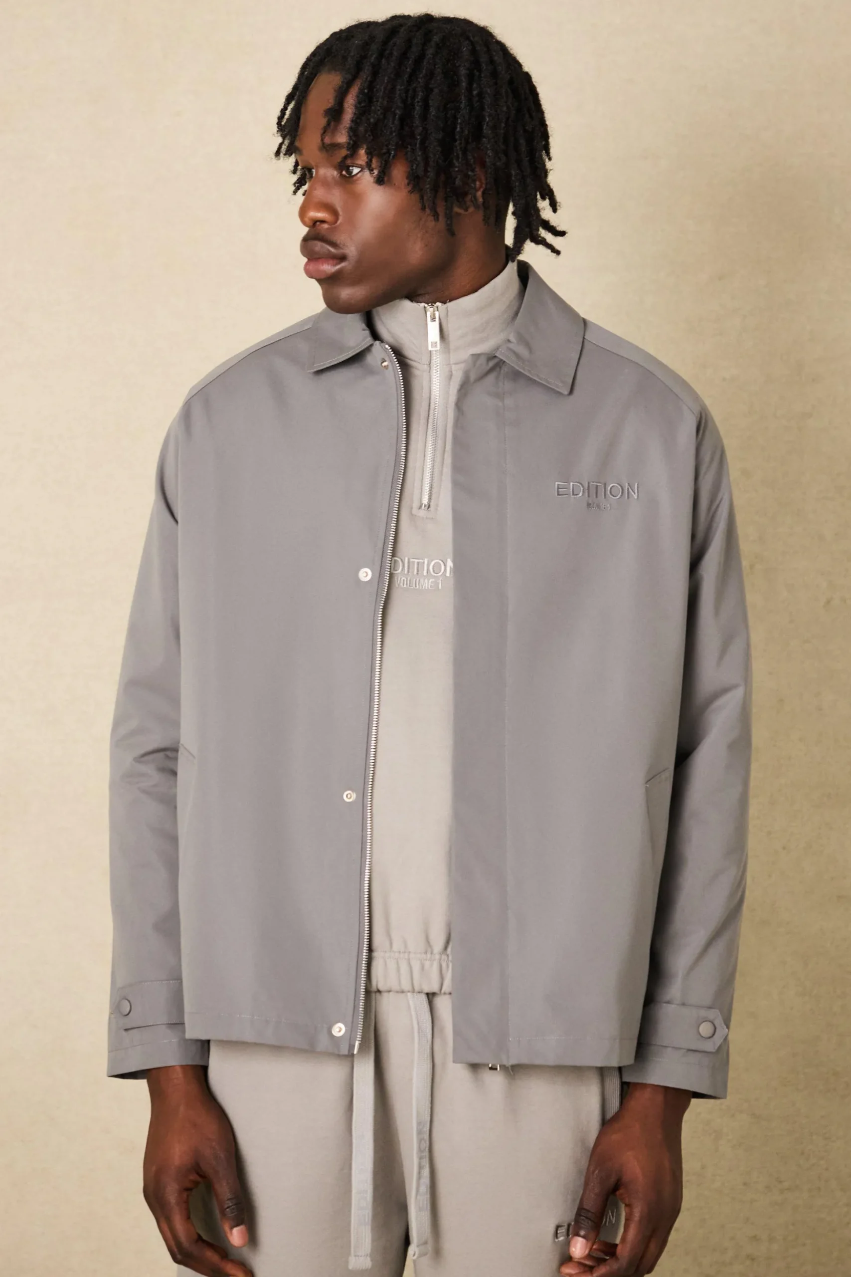 EDITION Heavyweight Twill Embroidered Coach Jacket | BoohooMAN UK