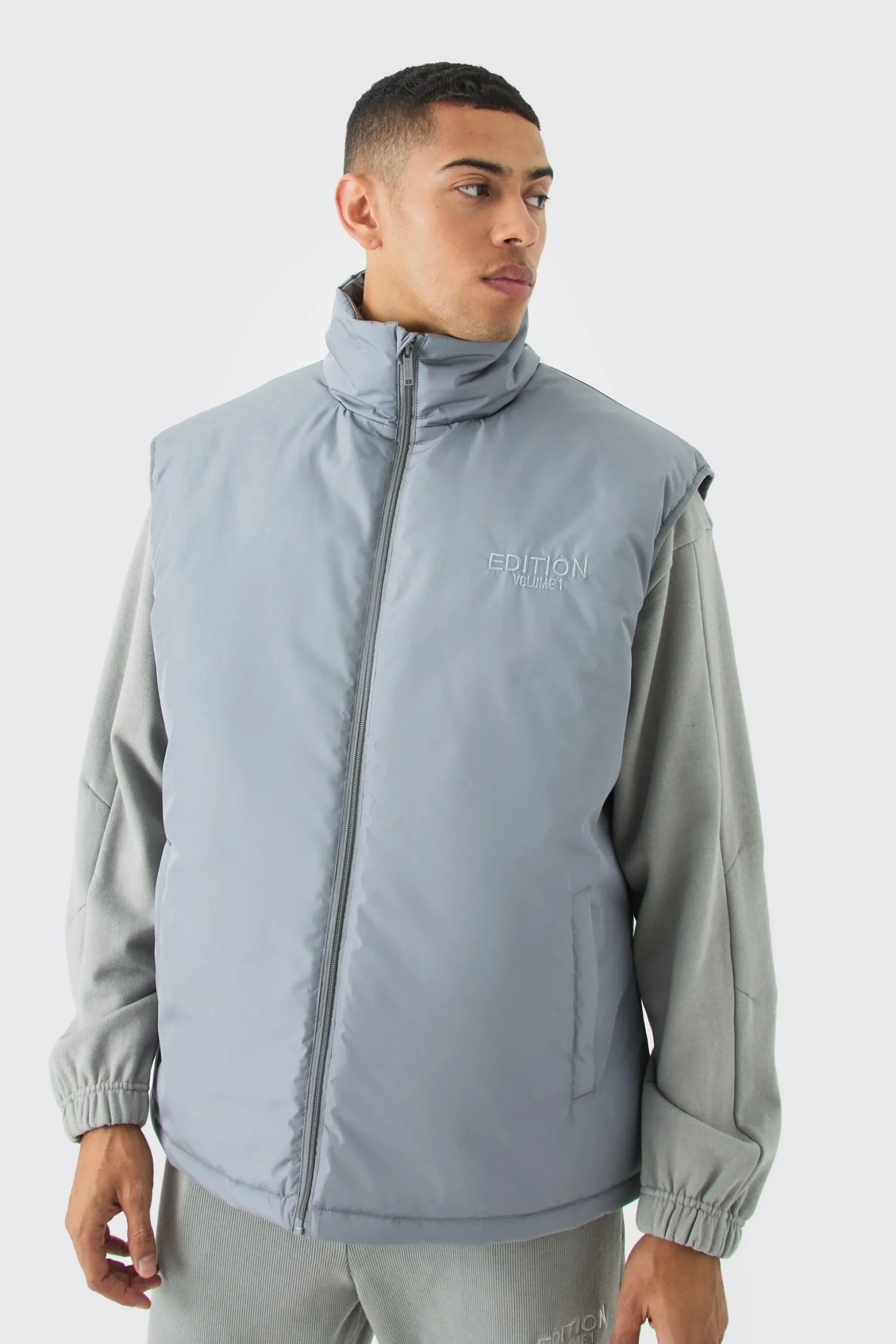 EDITION Oversized Funnel Neck Padded Gilet | BoohooMAN UK