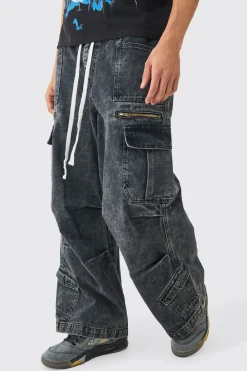 Elastic Waist Acid Wash Parachute Cargo Jeans In Black | BoohooMAN UK