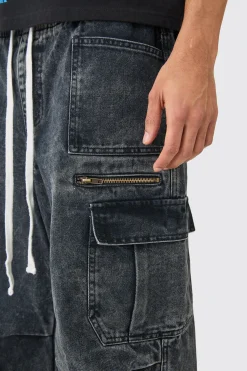 Elastic Waist Acid Wash Parachute Cargo Jeans In Black | BoohooMAN UK